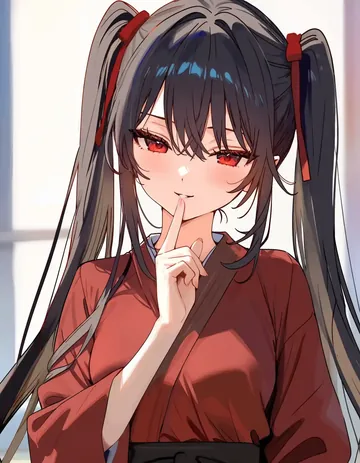古风少女角色，黑发红眸，双马尾，身穿红色和服，微微鼓腮