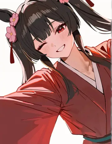 充满活力的古风少女，头戴粉色花朵，单手前伸，笑容灿烂