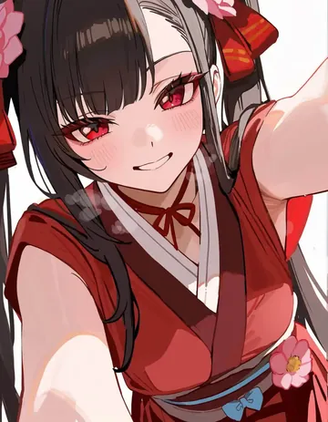 红衣少女凑近镜头自拍，红瞳俏皮，花朵发饰点缀