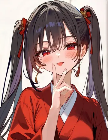 黑发红瞳少女，双马尾带红色发饰，手指贴近脸颊，神情安静
